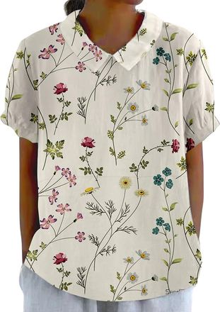 Generic Summer Womens Cotton Linen Loose Blouse Floral Tops Ladies T-Shirts Size 16 Fashion Spring Blouse Warehouse Travel Womens Summer Top Lapel Striped Bac