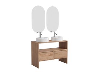 Vente-Unique Mueble de ba&ntilde;o de roble macizo con lavabo redondo sobre encimera, grifo y espejo - Roble natural claro - 110 cm - CAVIZO