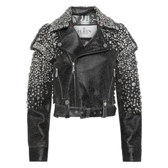 Philipp Plein Leren Cropped Biker Jacket LS Strass - Dames - Leren en Su&egrave;de Jassen - Zwart - S - Leer - Jassen