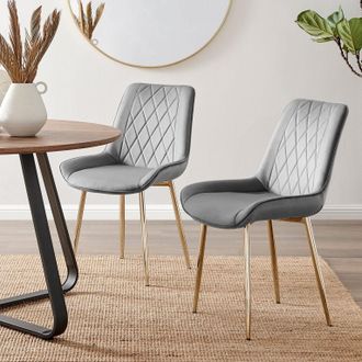 Furniturebox Set of 2 Pesaro Luxury Soft Touch Diamond Pattern Velvet Dining Chairs With Gold Chrome Metal Legs in Grey