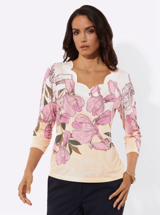 Cr&eacute;ation L Print-Shirt CREATION L Druck-Shirt, Damen, Gr. 36, ecru, orchidee, bedruckt, 95% Modal, 5% Elasthan, gemustert, mehrfarbig, V-Ausschnitt, Shirts Print