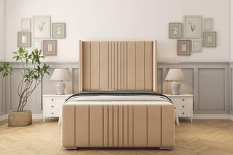 Sloomy Hargrave Plush Bed Frame With 50 Upholstered Wingback Headboard in Stone | Size: Small Double