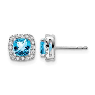 Diamond2Deal 14k White Gold Cushion Blue Topaz and Diamond Halo Stud Earrings