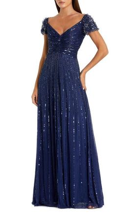 Mac Duggal Striped Sequin Mesh Gown With Beaded Shoulders in Sapphire at Nordstrom, Size 16
