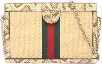 Gucci Pre-owned Ophidia schoudertas van exotisch leer en raffia - Dames - Vintage Clutch - Beige - ONE Size - Leer - Vintage