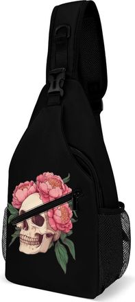 Generic Skull with Peonies Mens Crossbody Chest Sling Bag for Travel Hiking Lightweight Shoulder Bags with Small Side