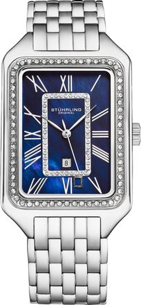 St&uuml;hrling Womens Lustra 4061 Rectangle Quartz Fashion Watch with Crystals 32mm - Blue Stainless Steel - One Size