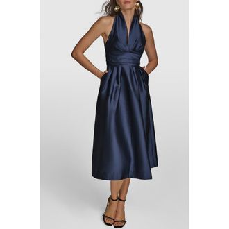 DKNY Plunge Neck Taffeta Midi Dress in Taffeta Blue at Nordstrom, Size 10