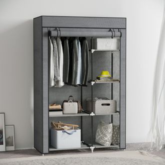 HOMCOM Fabric Wardrobe w/ Shelves Hanging Rail Foldable Closets - Dark Grey | TJ Hughes
