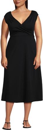 Lands End Plus Size Cotton Modal Off The Shoulder Wrap Midi Dress in Black at Nordstrom, Size 2X