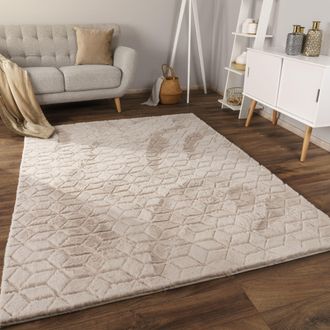 Paco Home Paco Home Alfombra De Sala Con Pelo Corto, Estilo Escandinavo Abstracto Japandi Boho, Con Efecto 3d, Uni Crema 160x220 Cm, Beige 5