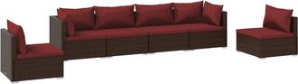 vidaXL Set Muebles De Jard&iacute;n 6 Piezas Y Cojines Rat&aacute;n Sint&eacute;tico Marr&oacute;n Vidaxl