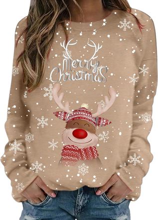 Generic Ladies Christmas Jumpers Christmas Sweatshirt For Women Cute Reindeer Print Sweatshirt Loose Funny Xmas Jumpers Long Sleeve Crewneck Shirt Ladies Fash