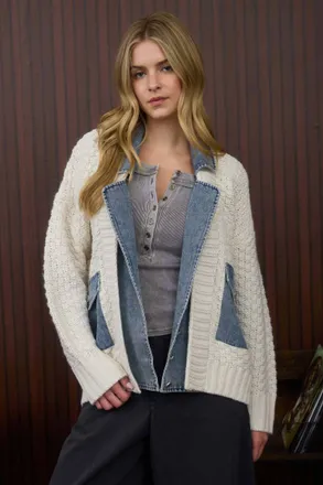 Blu Pepper Cable Knit With Denim Detail Sweater Jacket In Cream