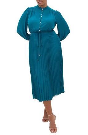 City Chic Halle Long Sleeve Pleated Maxi Dress in Jade at Nordstrom, Size Xxxs