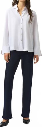 Joseph Ribkoff Poplin Button-Front Back Slit Three Quarter Sleeves Top In White