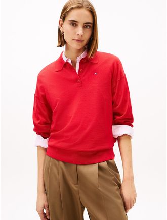 Tommy Hilfiger Womens Wool-Silk Blend Sweater Polo - Red - XS