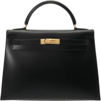 Herm&egrave;s Kelly Black Box Calf Leather Shopping Bag (Pre-Owned)