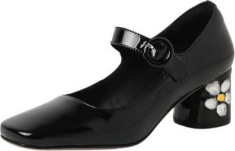 TinaCus Womens Square Toe Patent Leather Handmade Buckle Painted Flower Mid Block Heel Mary Jane Pumps Shoes, Black, 5.5 UK