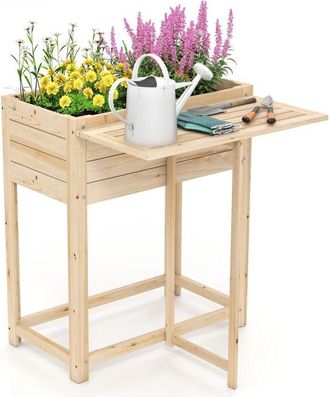 Costway Fioriera rialzata in legno con gambe, Aiuola con ripiano laterale pieghevole per drenaggio, Fioriera per fiori, verdura, frutta, 63 x 67 x 74 cm