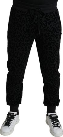Dolce & Gabbana Black Leopard Cotton Slim Fit Jogger Mens Pants