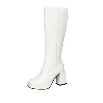 Generic Womens Square Toe Platform Long Boots PU Leather Knee High Boots with Side Zipper Chunky High Heel Party Prom Shoes,White,4.5 UK