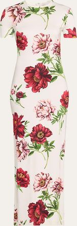 Oscar De La Renta Peony-Print Jersey Short-Sleeve Maxi T-Shirt Dress