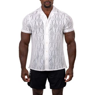 Maceoo Marthy Knit Short Sleeve Button-Up Shirt in White at Nordstrom, Size 2