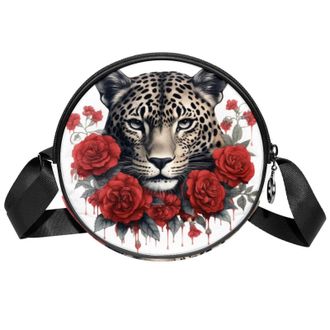 Generic Circle Crossbody Bag for Women, Leopard Roses Small Sling Bag Daypack with Zipper Adjustable Shoulder Straps Casual Ladies Girls Round Purse