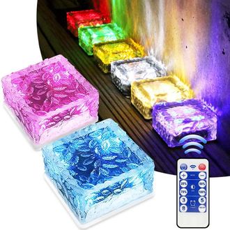 OEM Paquete De 2 Adoquines Solares Con Control Remoto De 12 Teclas, 10 X 10 X 5 Cm, Luz Multicolor, Sensor De Luz, Iluminaci&oacute;n De Camino, Impermeable, Par