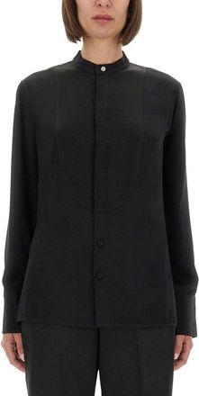 Victoria Beckham High Neck Black Silk Shirt With Pleat Detail