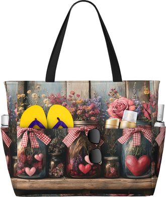 Generic Flowers Hearts Vase Print Large Beach Bag Foldable Travel Shoulder Tote Bag With Pocket For Weekender Pool Vacation