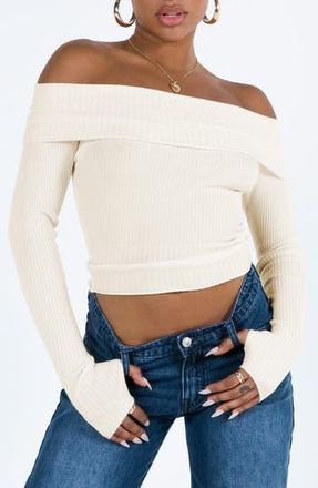 Princess Polly Morley Foldover Off the Shoulder Rib Sweater in Light Beige at Nordstrom Rack, Size Large/x-Large
