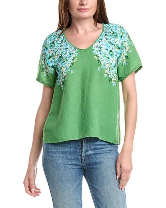 T Tahari V-Neck Linen-Blend Blouse