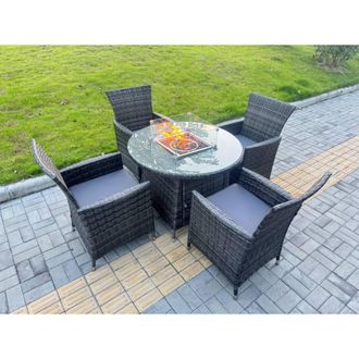 Fimous Rattan Garden Furniture with Big Round Gas Firepit Table & 6 Chairs in Dark Grey