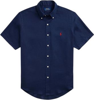 Ralph Lauren Custom FIT Korte mouw Linnen Blouse Navy - Heren - Korte mouwen Overhemden - Blauw - 2XL - Linnen - Overhemden