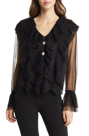 Nikki Lund Gloria Ruffle Cardigan in Black at Nordstrom, Size Small