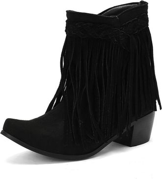 Generic Womens Bohemian Pointed Toe Faux Suede Ankle Boots Tassel Design Braided Detail Comfortable Anti-Slip Wear-Resistant for Casual Party Daily Outings,Bl