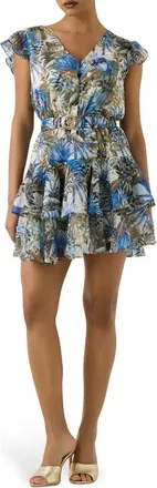 Guess Tropical Print Ruffle MInidress in Open Blue at Nordstrom, Size X-Small