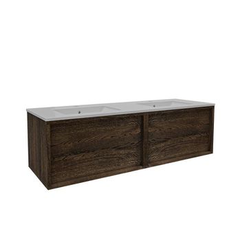 Saniclass Holz Frame Badkamermeubelset - 140x45x40cm - keramische wastafel wit - 2 wasbakken - 2 kraangaten - 2 lades - Charcoal