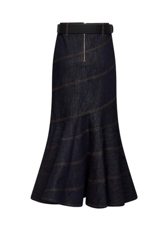 Self Portrait Belted Denim Flared Skirt - Blue