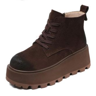 Generic NYSBH Retro Style Height Increasing Ankle Boots Handmade Cow Suede Chunky Platform Wedges Heel Winter Warm Boots