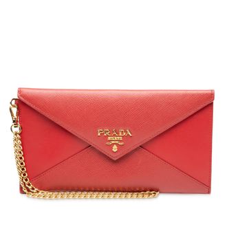 Prada Pre-owned Womens Saffiano Envelope Chain Clutch - Red Leather - One Size