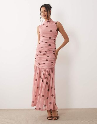 Asos Vestito accollato rosa a pois arricciato con vita scesa-Multi