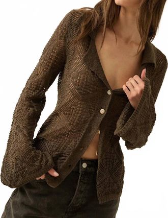 Promesa Diamond Dust Geometric Crochet Button-Up Cardigan In Warm Charcoal