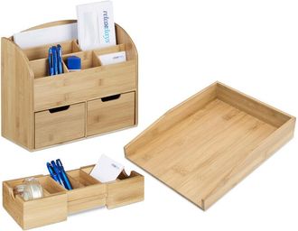 Relaxdays 3x Accessori, Set Scrivania in Bamb&ugrave;, Vaschetta Portadocumenti per A4, Portalettere, Organizer Portapenne, Naturale