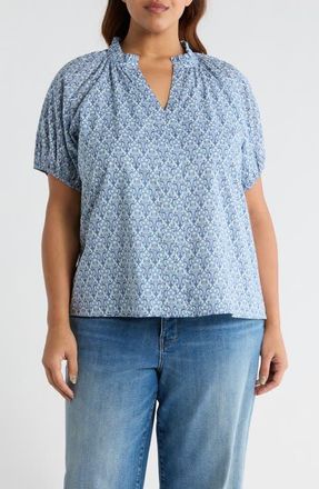 Sugarlips Lena Floral Puff Sleeve Top in Blue-White at Nordstrom, Size 1X