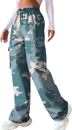Generic Ladies Leisure Trousers Elasticated Waist Ladies Womens Casual Camouflage Print Cargo Pants Drawstring Stretch Elastic Waist Tapered Pants with Pocket