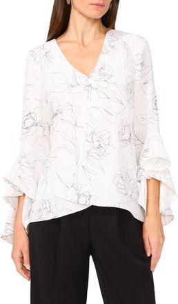 Vince Camuto Ruffle Sleeve Print High-Low Top in New Ivory at Nordstrom, Size Medium