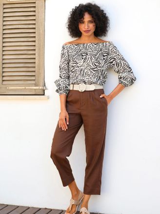 Heine Carmenbluse HEINE, Damen, Gr. 34, sand, braun, bedruckt, 75% Viskose, 25% Polyamid, bedruckt, gemustert, mehrfarbig, Rundhals, Blusen Carmenbluse